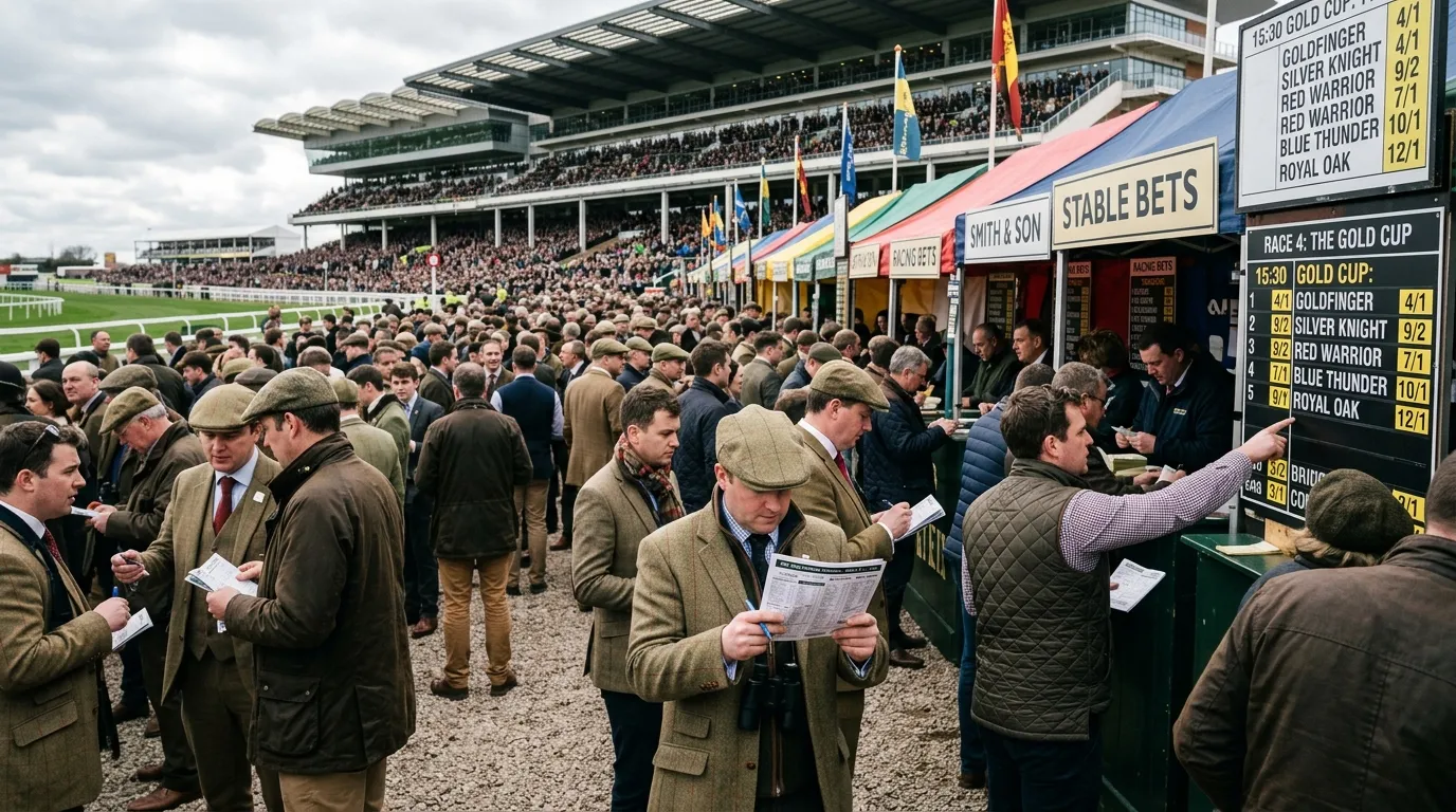 Packed grandstands and betting ring at Cheltenham Festival during a Grade 1 hurdle race