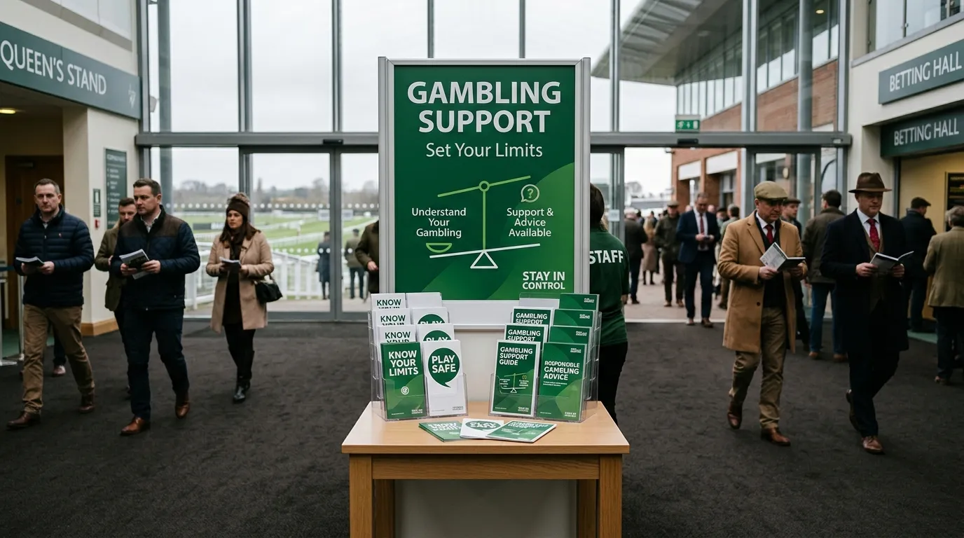 Responsible gambling information display at a British racecourse with deposit limit and self-exclusion details
