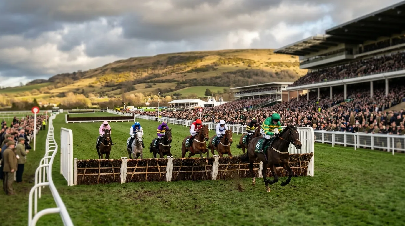Cheltenham Festival racecourse on Gold Cup Day with runners approaching the final hurdle on the New Course