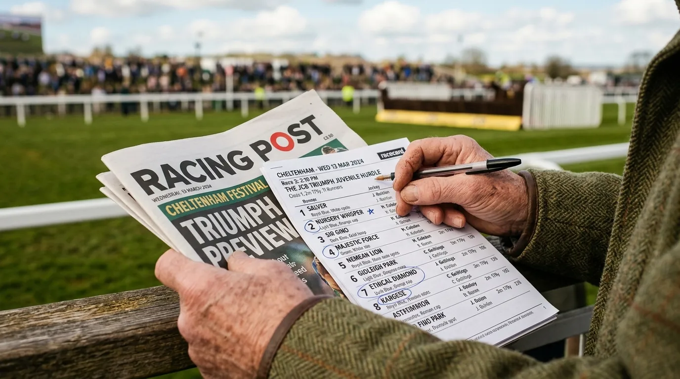 Punter studying a racecard and form guide before placing an each-way bet at Cheltenham Festival