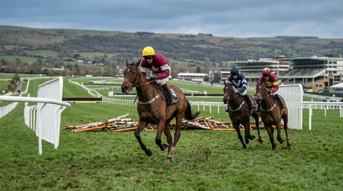 Juvenile hurdlers racing up the Cheltenham hill towards the finish of the Triumph Hurdle