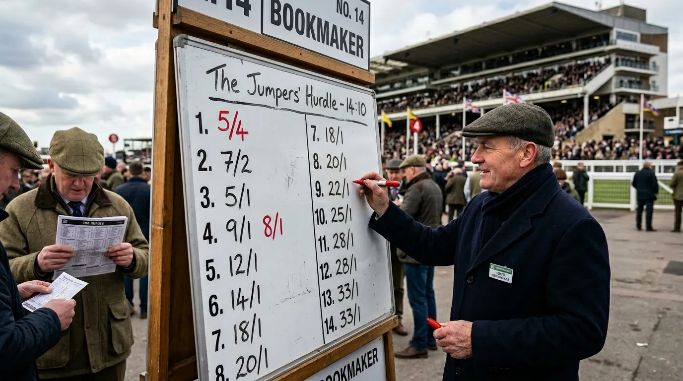 Racecourse bookmaker boards showing starting prices for a Cheltenham Festival hurdle race
