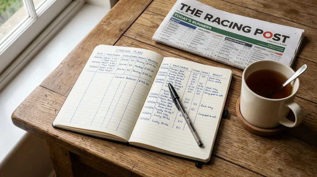Notebook with a handwritten staking plan and a pen beside a cup of tea on race day
