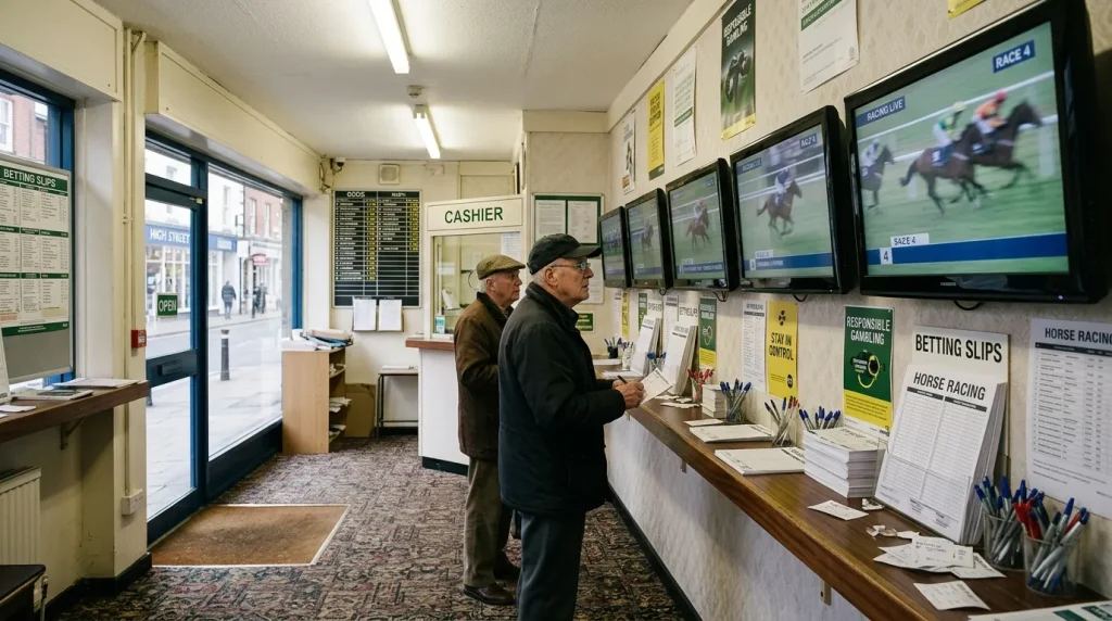 Traditional high-street betting shop interior with screens showing horse racing results