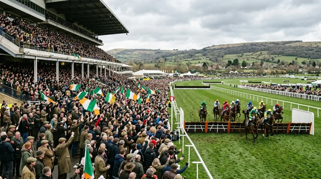 Packed Cheltenham grandstand on Gold Cup Friday with runners approaching the final hurdle