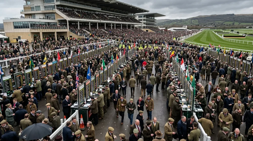 Aerial view of the crowded Cheltenham betting ring with bookmaker pitches during Festival week