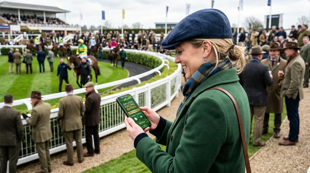 Racegoer at Cheltenham checking promotional offers on a mobile phone during Festival week