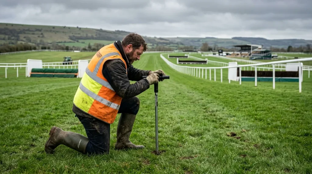 Groundsman testing the turf with a going stick on the Cheltenham racecourse before Festival racing