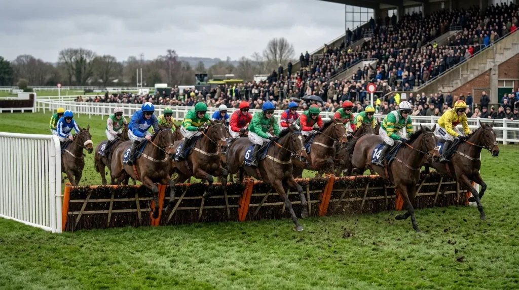 Field of juvenile hurdlers jumping a flight together during a handicap hurdle at Cheltenham