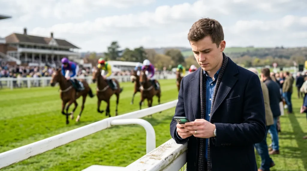 Person holding a mobile phone with a horse racing betting app open at a racecourse