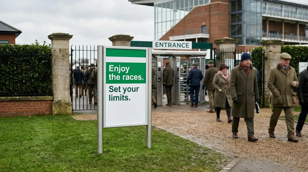 Responsible gambling information sign at the entrance to Cheltenham racecourse on Festival day