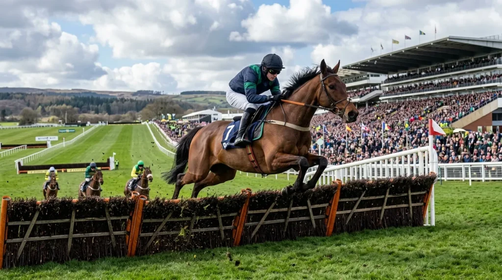 Small bay horse clearing a hurdle with determination at Cheltenham during a Grade 1 juvenile race