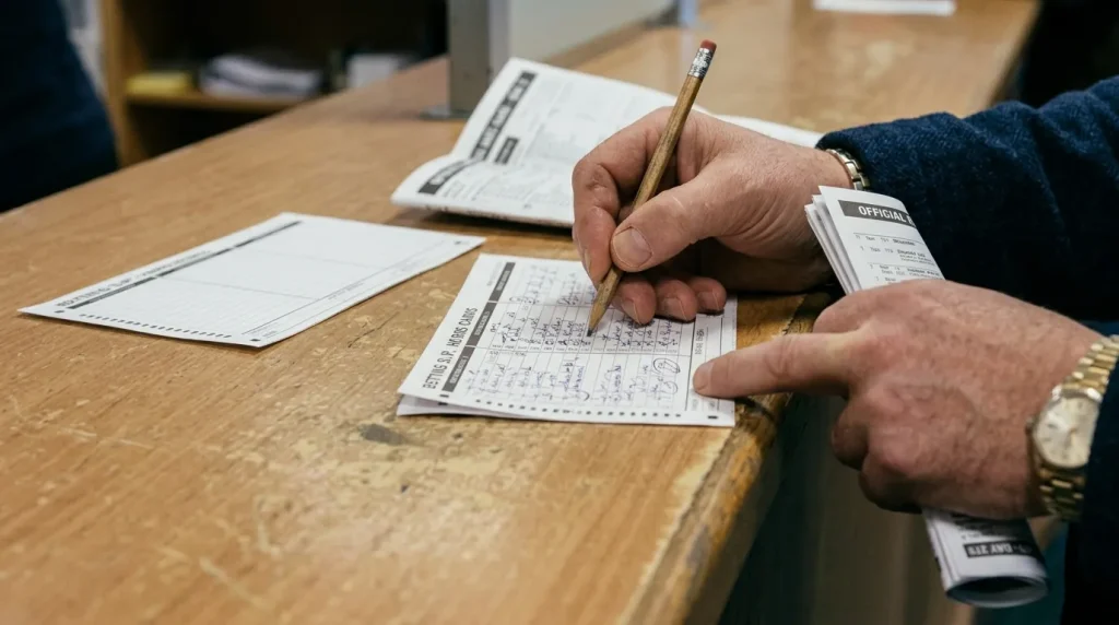 Punter filling in a paper betting slip for a multi-race accumulator at a racecourse