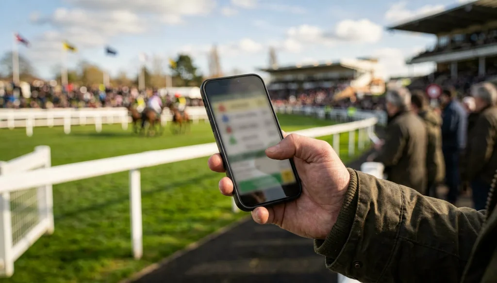 Punter studying Triumph Hurdle ante-post odds on a mobile phone at a racecourse