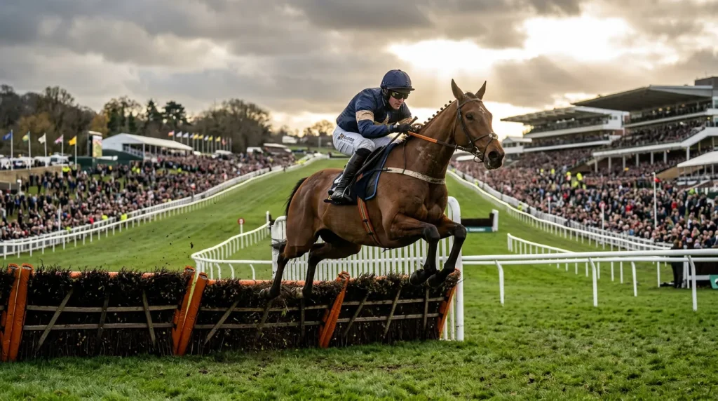 Horse clearing the final hurdle at Cheltenham on the way to winning a championship race