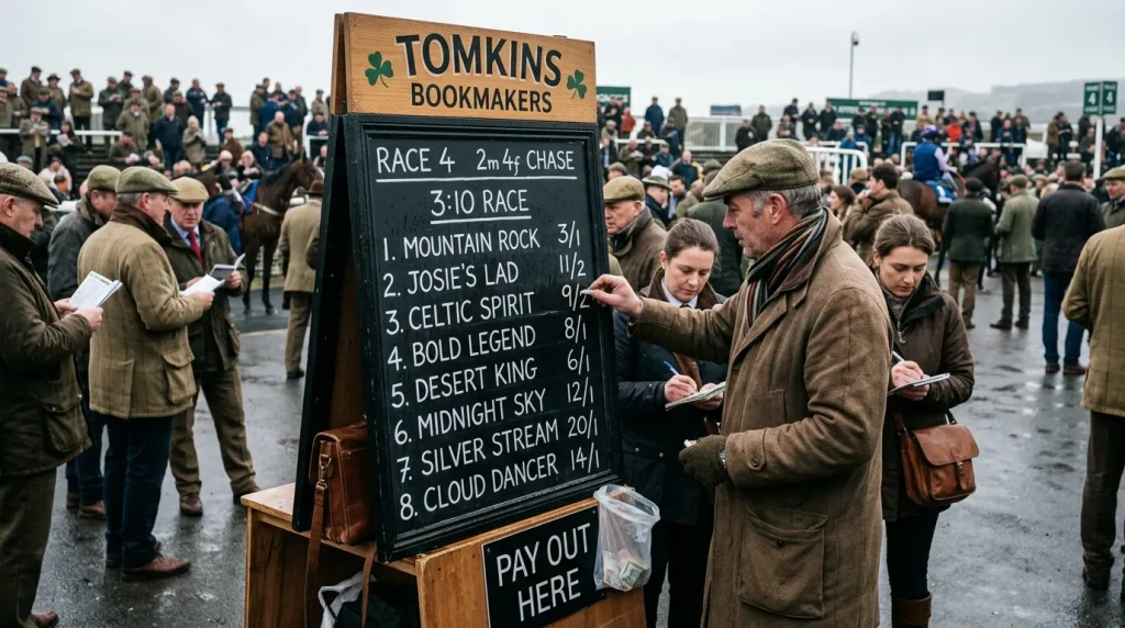 On-course bookmaker board displaying starting prices for Triumph Hurdle favourite