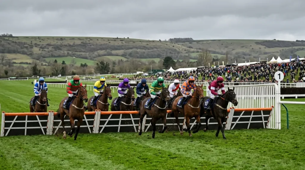 Compact field of runners approaching the first flight of hurdles at Cheltenham racecourse
