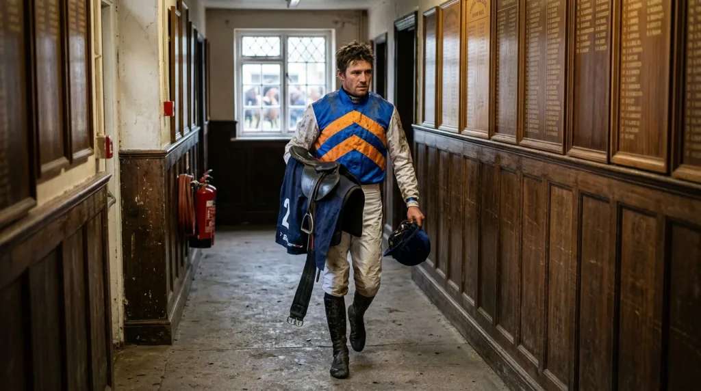National Hunt jockey in racing silks walking through the Cheltenham weighing room