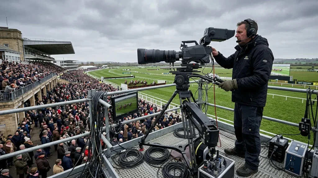 Television broadcast camera positioned above Cheltenham racecourse covering Festival racing