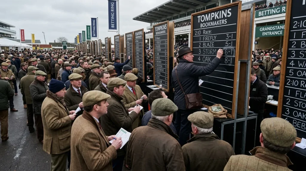 Busy betting ring at Cheltenham with on-course bookmakers adjusting odds on their boards