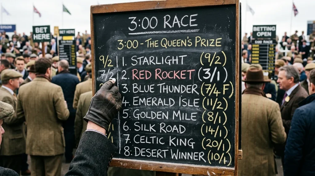 On-course bookmaker chalkboard showing fractional odds for hurdle race runners