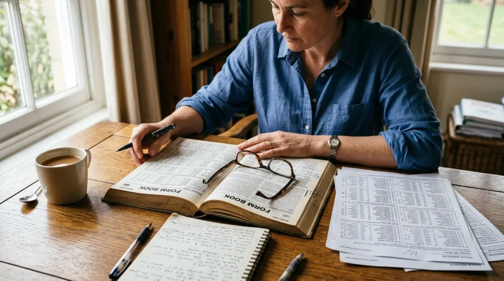 Handicapper reviewing form notes and official ratings for juvenile hurdle entries