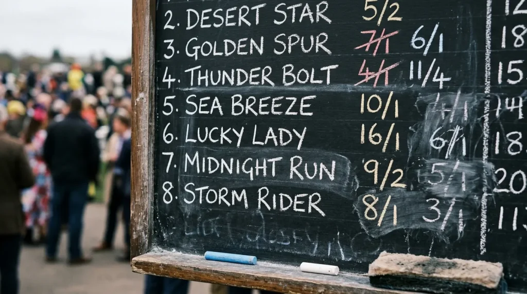 Close-up of a bookmaker pricing board at Cheltenham with horse racing odds marked in chalk