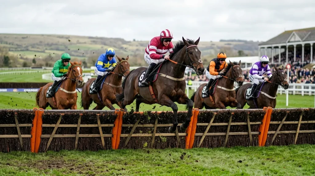 Four-year-old hurdlers jumping a flight on Cheltenham New Course during the Triumph Hurdle