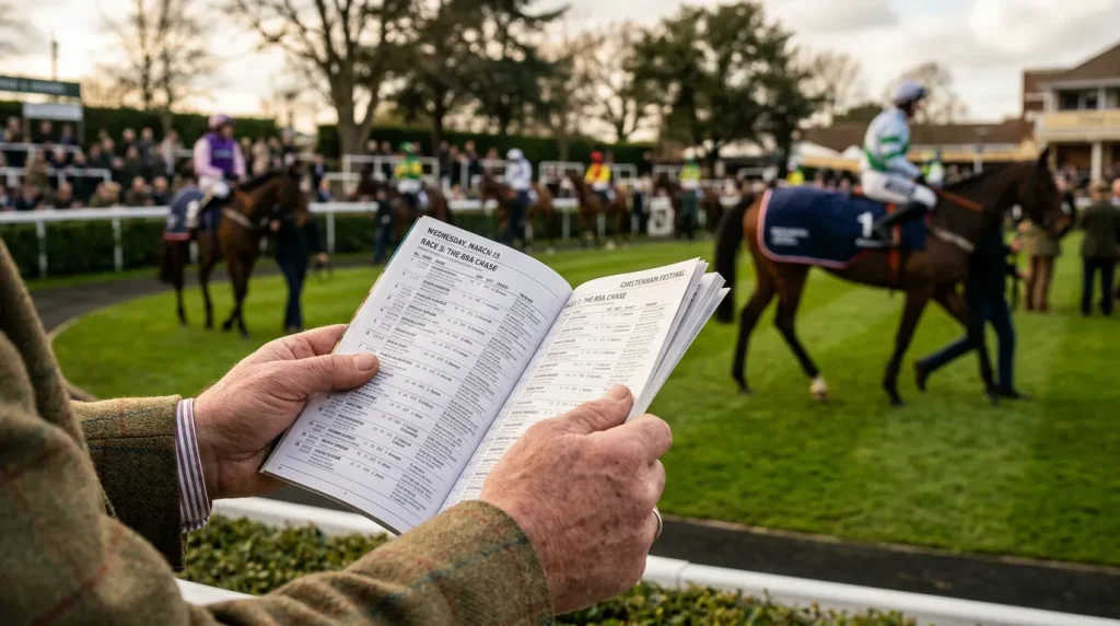 Racecard page displaying Triumph Hurdle runners, jockeys and trainers at Cheltenham