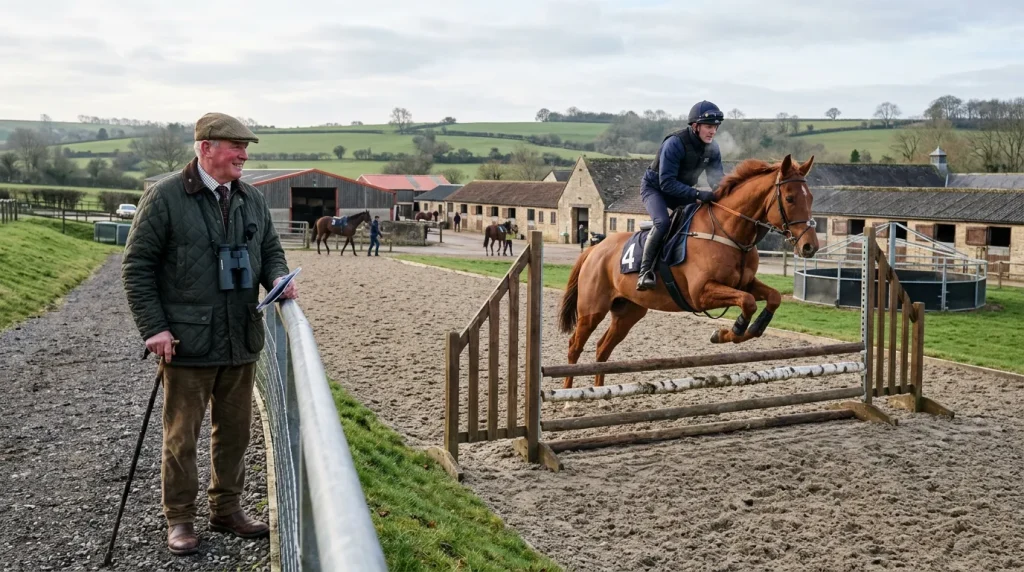 Trainer watching juvenile hurdlers school over practice fences at a National Hunt yard