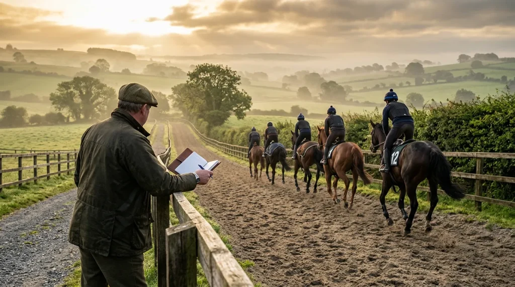 Trainer leading a string of horses during morning exercise at a National Hunt training yard